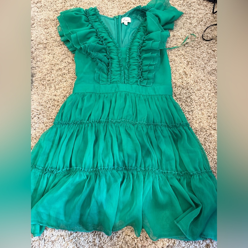 Lena Green Ruffled Chiffon Tiered Dress size S